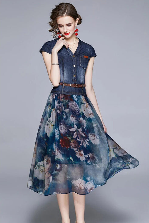 Charming & Vivid High Quality Women Autumn Dress, 2-Piece Set, Belted Denim Top + Chiffon Floral Skirt, Trendy Office & Evening Wear